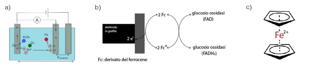 Funzionamento del sensore ad elettrodo in platino per la misura di H2O2. b) Funzionamento del sensore a ferrocene. c) Struttura del ferrocene
