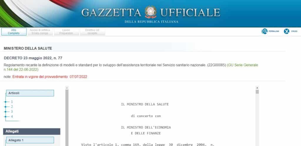 Gazzetta Ufficiale della Repubblica Italiana - Decreto n.77 entrato in vigore il 7/7/2022 per assistenza territoriale e medicina di popolazione
